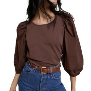 Nation Gracie Pintuck Combo Tee Puff Sleeves Brown cotton Sz S